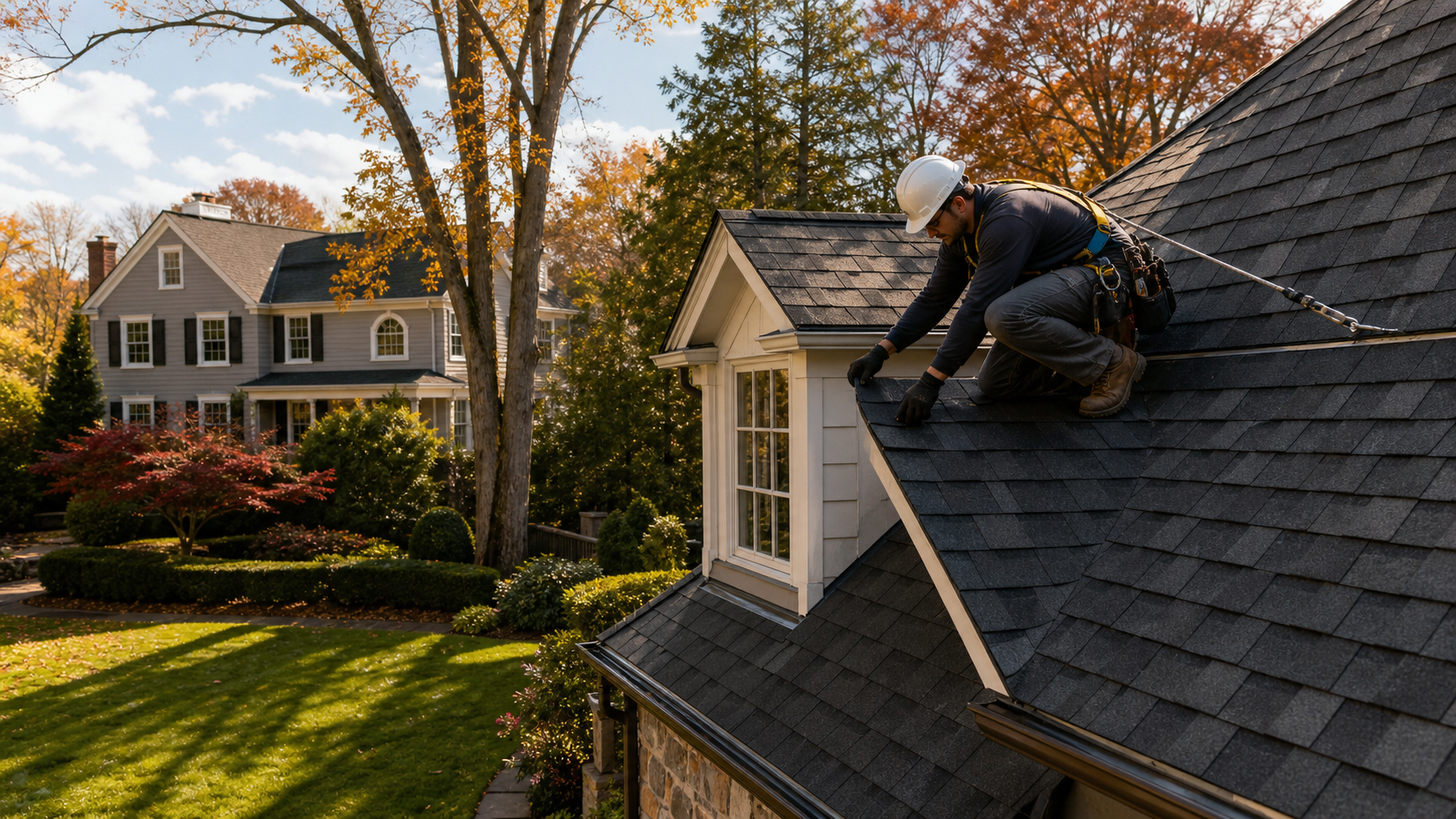 Roofer working on an upscale Westfield NJ home